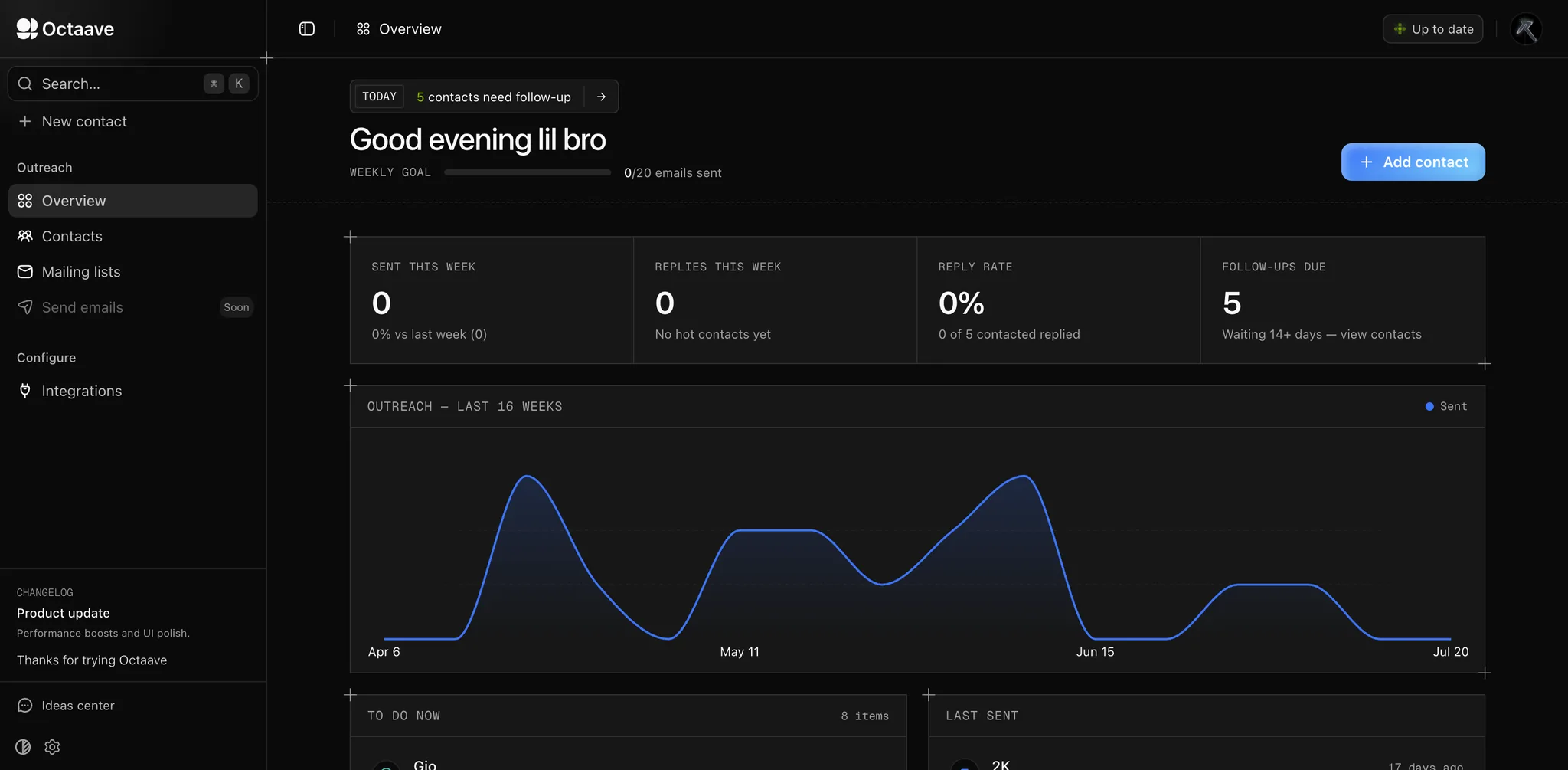 Octaave CRM dashboard in dark mode with contacts and outreach pipeline