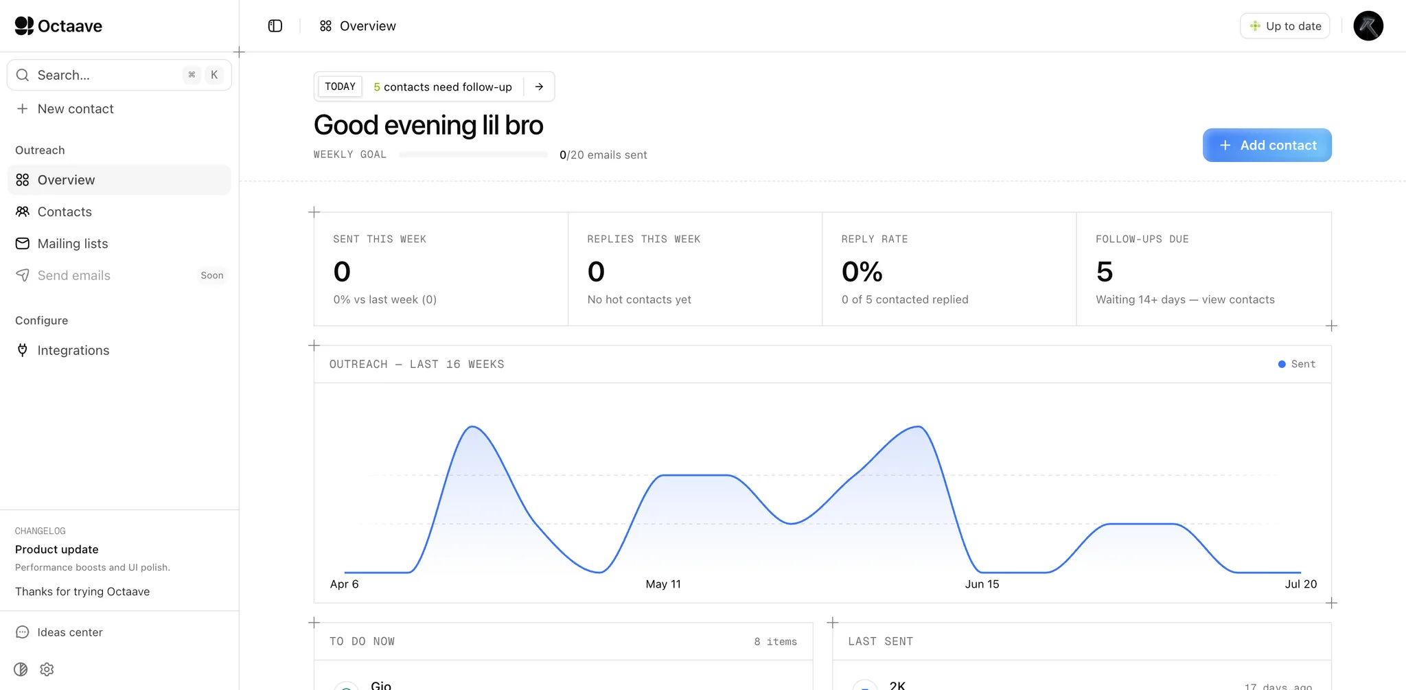 Octaave CRM dashboard showing beatmaker contacts, outreach pipeline, and follow-ups